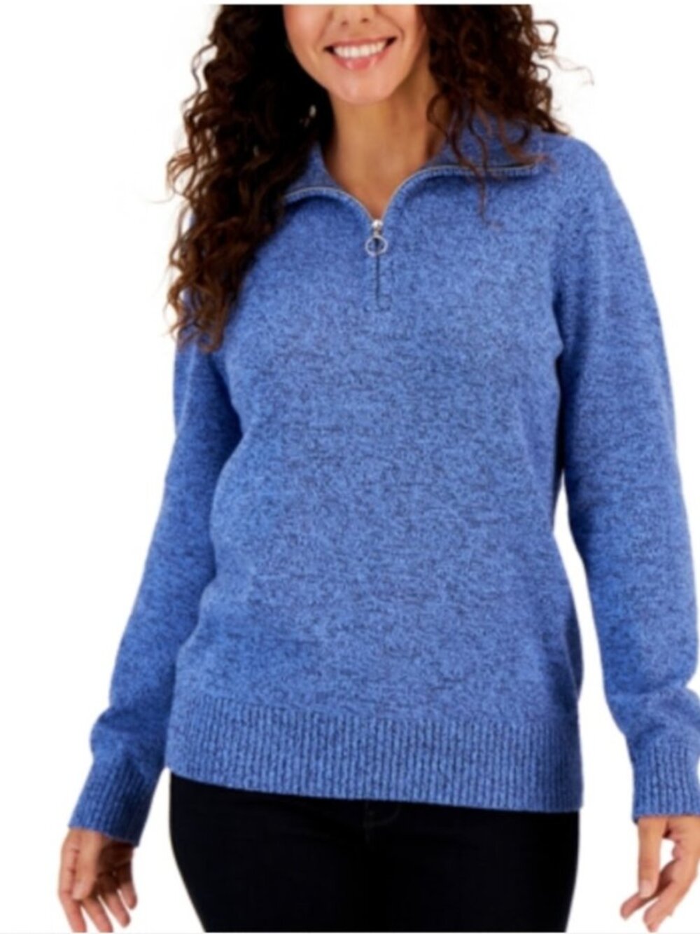 Karen Scott Blue Knit Quarter Zip Sweater Pullover Heather Cozy Cotton Top Large